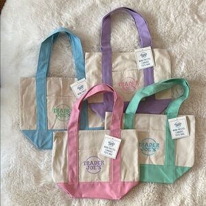 BUNDLE! Set of 4 Trader Joe’s Mini Canvas Tote Bags. Pink, purple, blue, aqua.